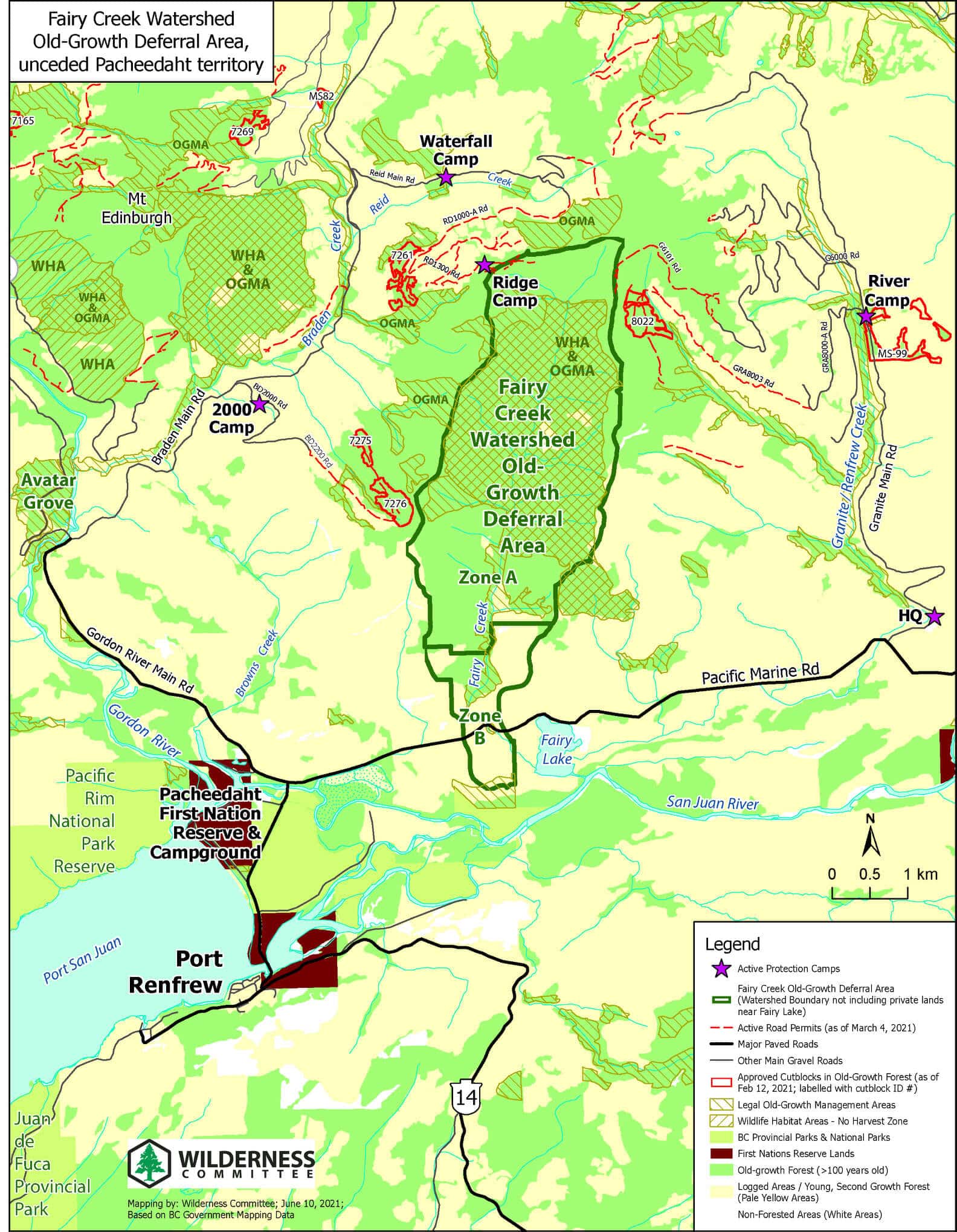 This map shows old-growth forest stand, locations of blockades and the deferral area in the vicinity of Fairy Creek, near Port Renfrew. 