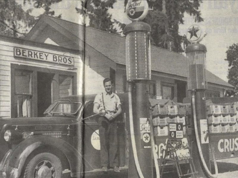A 1941 photo of Ken Berkey accepting a soda delivery at Berkey Brothers Auto Service, printed in the Cowichan News Leader Pictorial in 2006. Photo of the news clipping sourced on Facebook.