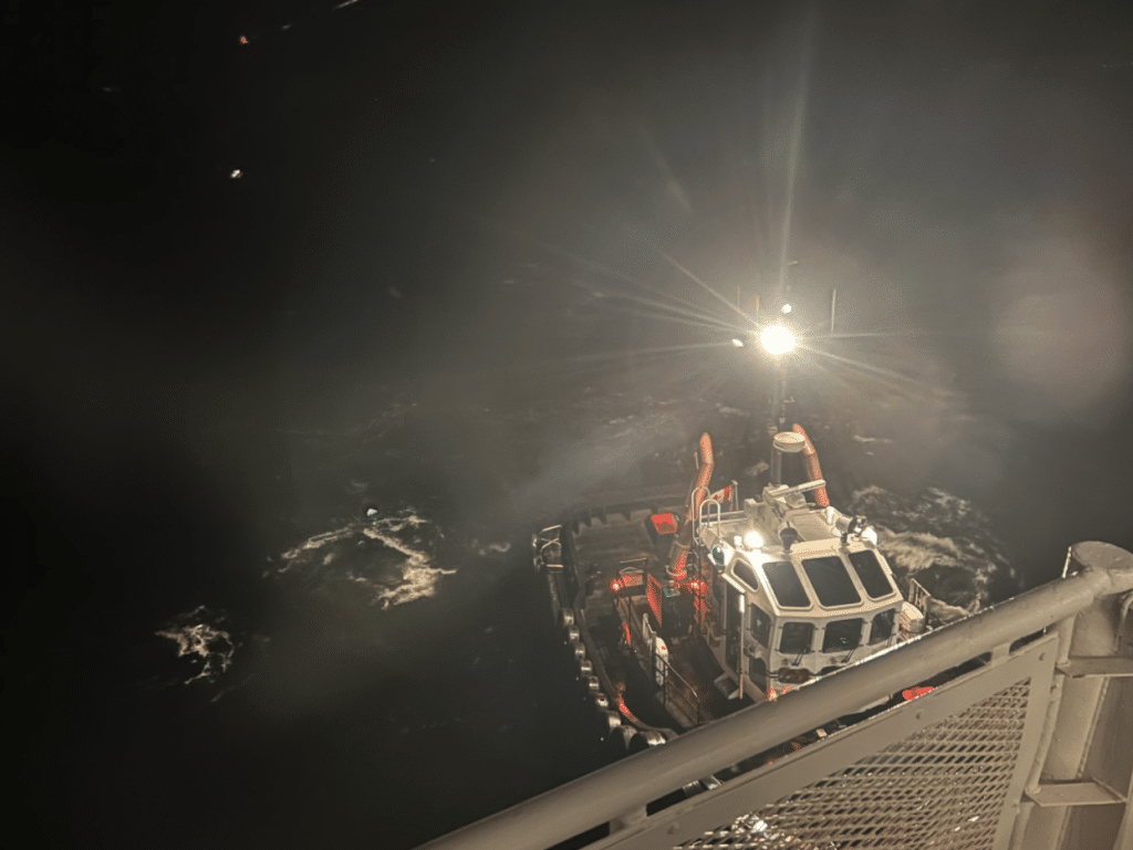 One of two tugboats enlisted to tow the BC Ferries vessel to Nanaimo shores.