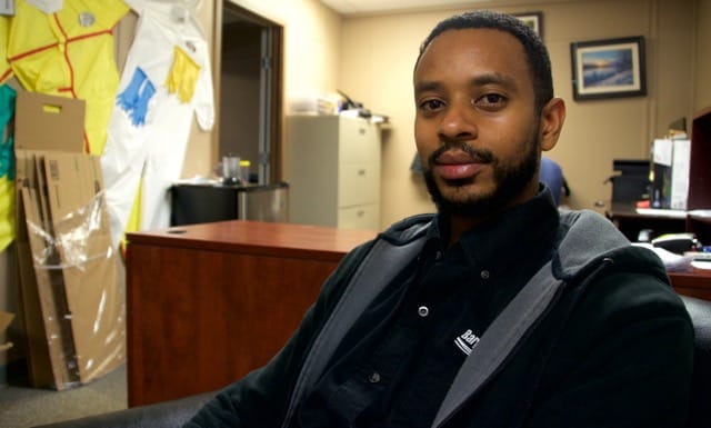 At the end of his shift Zeweter Hunegnaw, a camp janitor at the Barge Landing Lodge 65 km north of Fort McMurray, tells us about his family back in Toronto. Francesca Fionda 