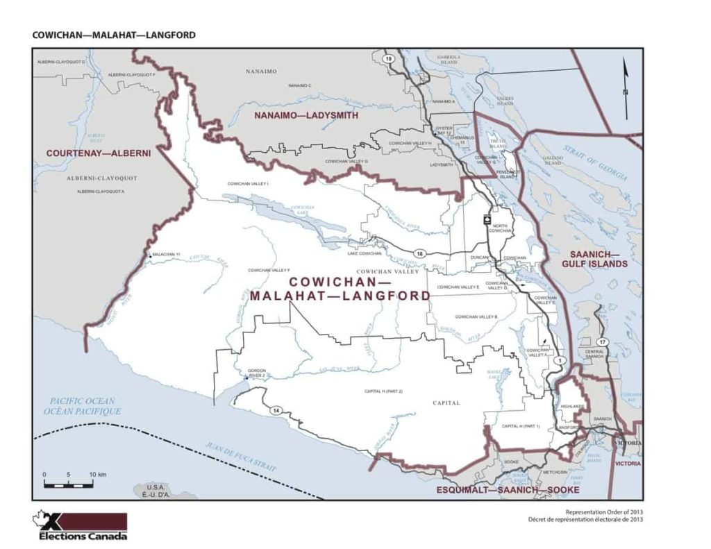 An official Elections Canada map of the Cowichan-Malahat-Langford riding.