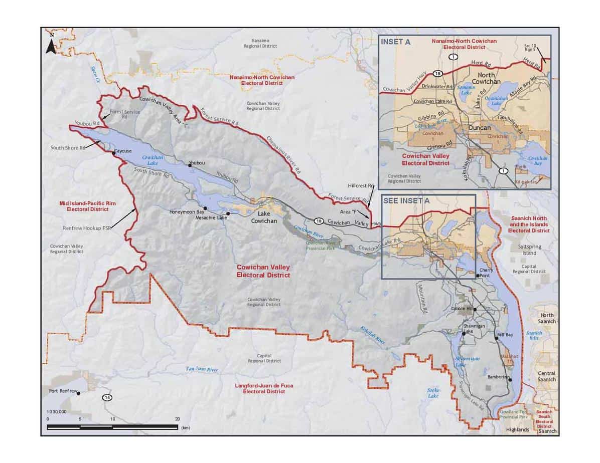 This map by Elections BC shows the boundaries of the Cowichan Valley riding.