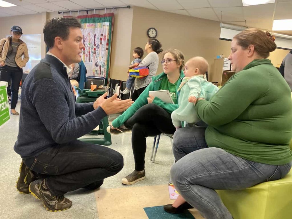 NDP Cowichan-Malahat-Langford election candidate Alistair MacGregor speaks with constituents at Hiiye'yu Lelum in Duncan. <b>Jacqueline Ronson/The Discourse Cowichan</b>