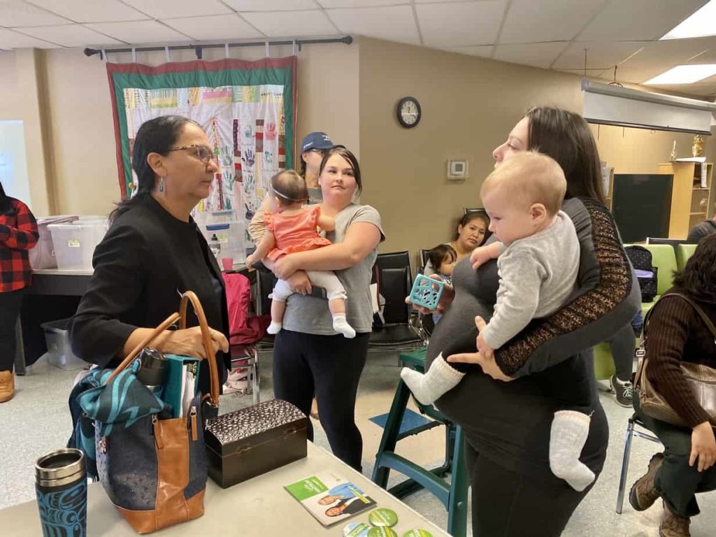 Green Party Cowichan-Malahat-Langford election candidate Lydia Hwitsum speaks with constituents at Hiiye'yu Lelum in Duncan. <b>Jacqueline Ronson/The Discourse Cowichan</b>