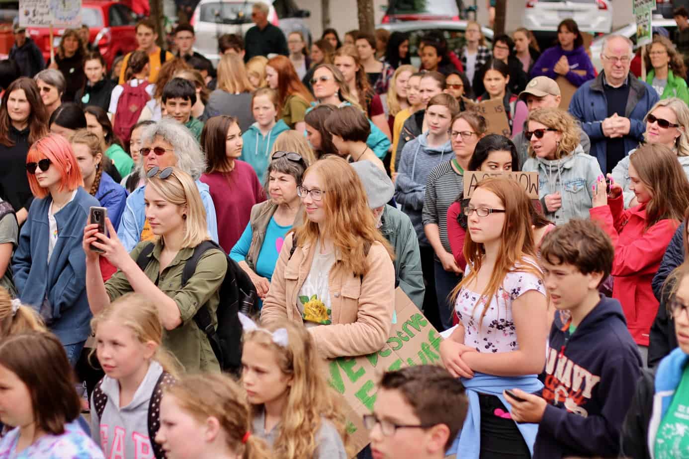 A crowd gathers in Duncan City Square for a Youth Climate Strike, May 2019.