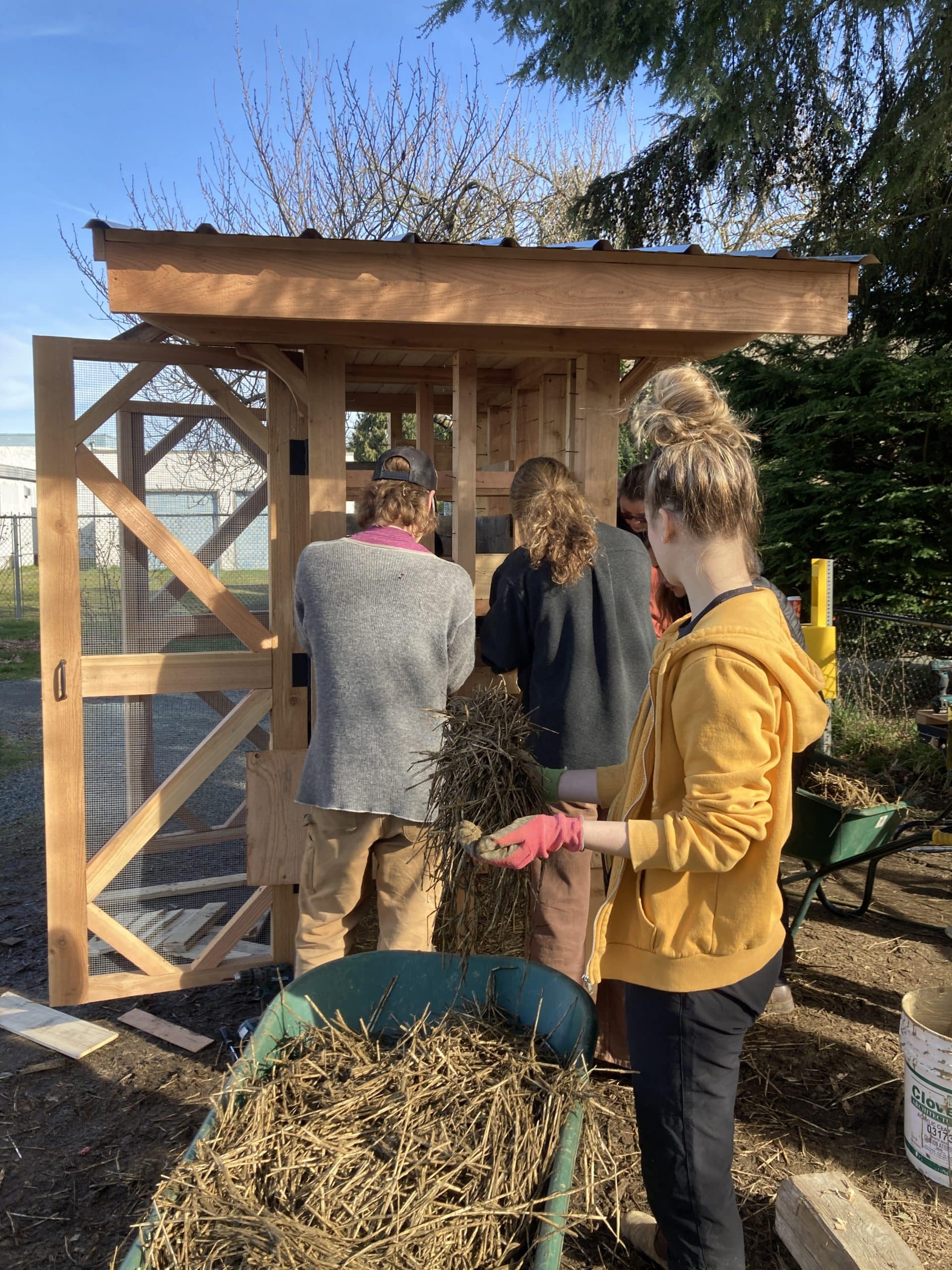 Volunteers stuff the walls of the pantry with cobb