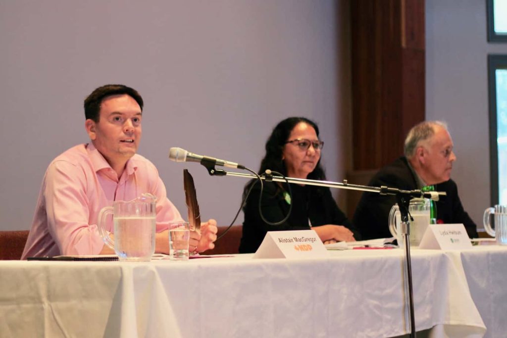 Cowichan-Malahat-Langford MP candidates speak at Cowichan Green Community’s EAT THINK VOTE event on Sept. 26. From left to right: Alistair MacGregor (NDP), Lydia Hwitsum (Green), Blair Herbert (Liberal).