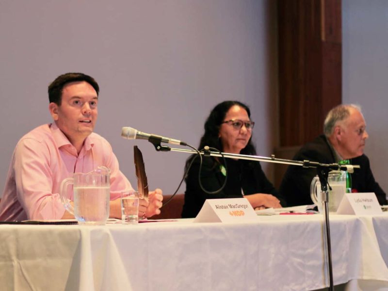 Cowichan-Malahat-Langford MP candidates speak at Cowichan Green Community’s EAT THINK VOTE event on Sept. 26. From left to right: Alistair MacGregor (NDP), Lydia Hwitsum (Green), Blair Herbert (Liberal).