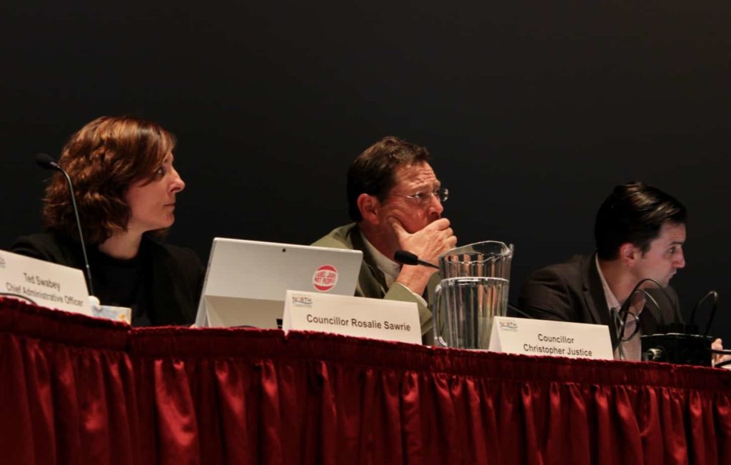 Municipality of North Cowichan councillors Rosalie Sawrie, Christopher Justice and Rob Douglas voted on Oct. 4, 2019, against a proposal by the Vancouver Island Motorsport Circuit to rezone its property and expand its facility. Jacqueline Ronson/The Discourse