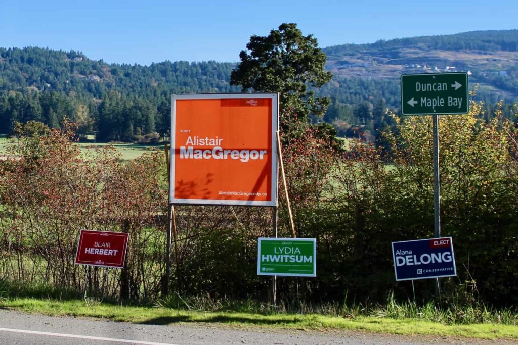 Election signs for candidates in the Cowichan-Malahat-Langford riding line Herd Rd. in North Cowichan. Jacqueline Ronson/The Discourse