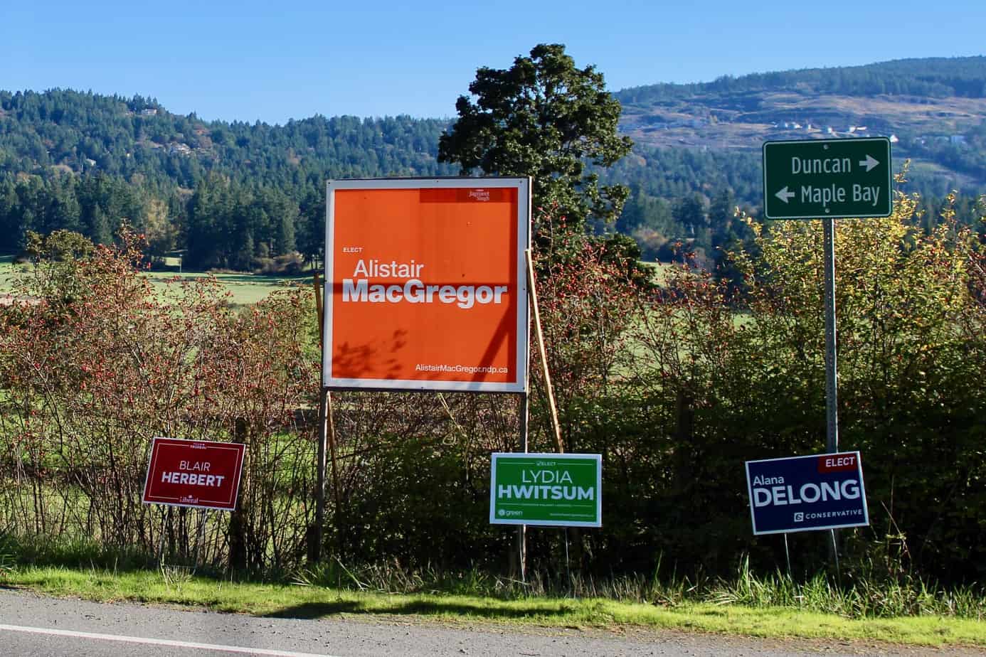 Election signs for candidates in the Cowichan-Malahat-Langford riding line Herd Rd. in North Cowichan. Jacqueline Ronson/The Discourse