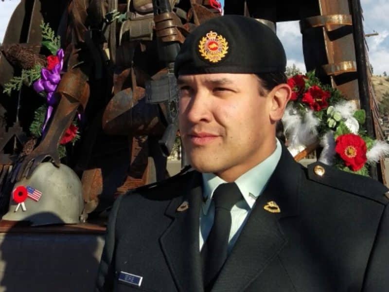 Corporal Justin George (swʔw̓ikist) of the Penticton Indian Band is being honoured through the Remembrance Day Sentry program