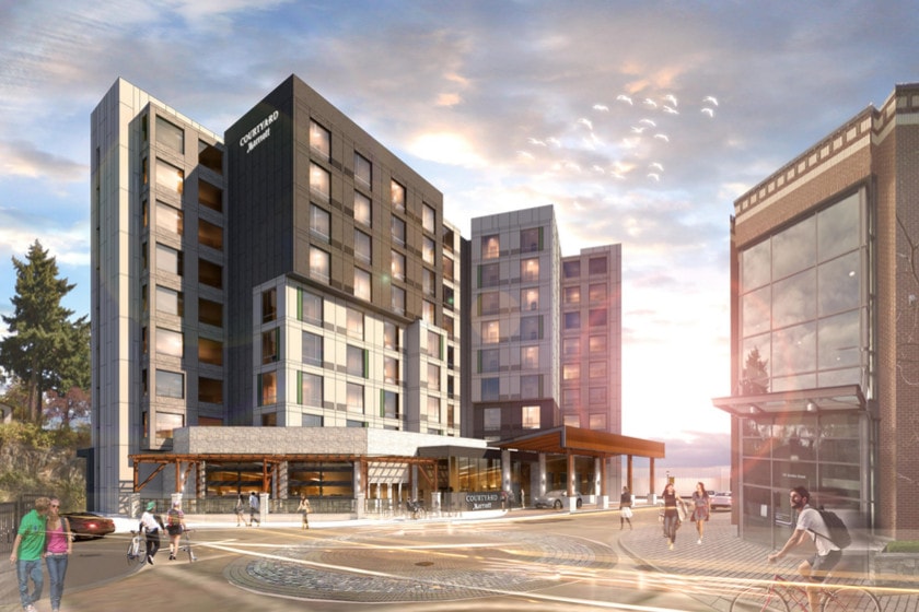 A depiction of the Nanaimo Courtyard by Marriott shows a waterview hotel and courtyard.