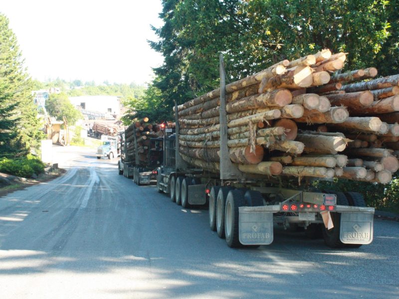 A truck transfers logs near the Coastland Mill in Nanaimo, B.C.