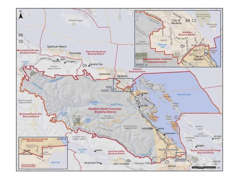 This map by Elections BC shows the boundaries of the Nanaimo-North Cowichan riding.