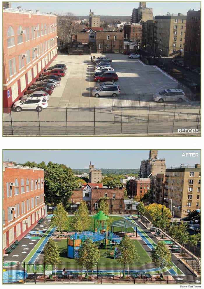 PS 7 community playground before and after transformation, Bronx, NYC. Images courtesy of the Trust for Public Land.