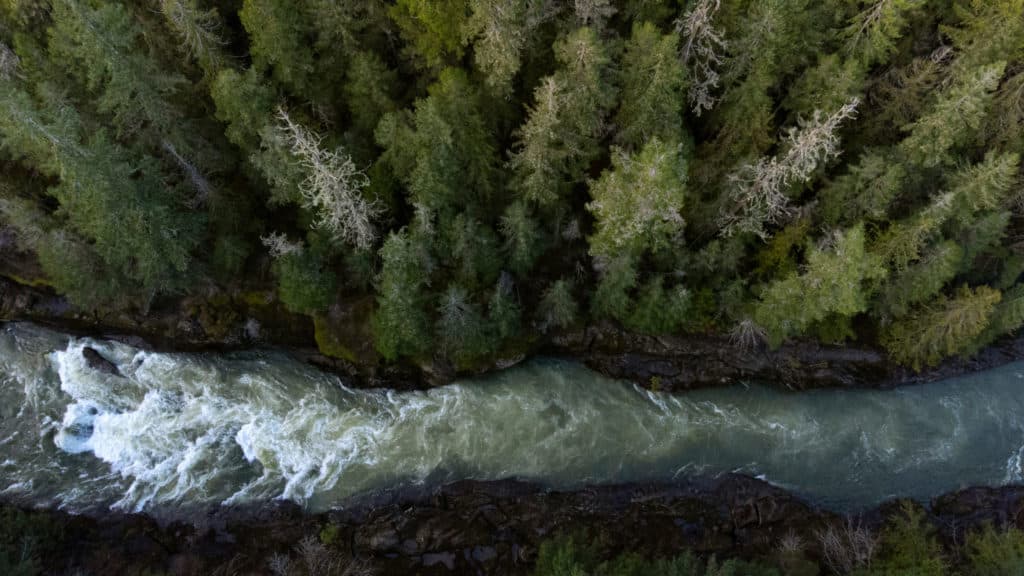 Drone footage shows the forests surrounding Red Gate, with sheer cliffs and narrow pinches of rocks spin-cycle water at a treacherous pace.