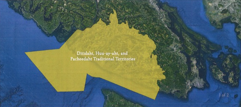 A map shows a broad area on the South West end of Vancouver Island that belongs to Ditidaht, Huu-ay-aht and Pacheedaht people. 