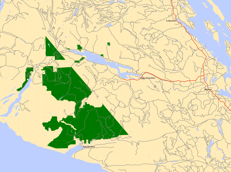 A map shows the placement of Teal-Jones' forestry license in the Fairy Creek area on Vancouver Island, it's shaped like a large triangle.