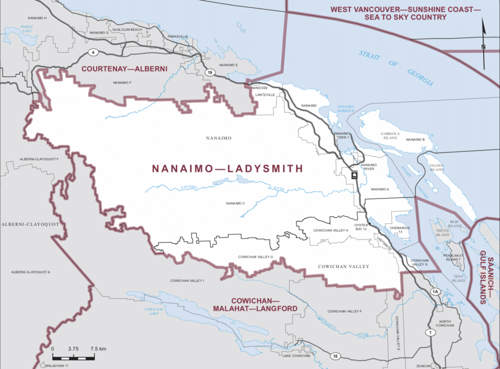 A map shows the Nanaimo-Ladysmith riding borders.