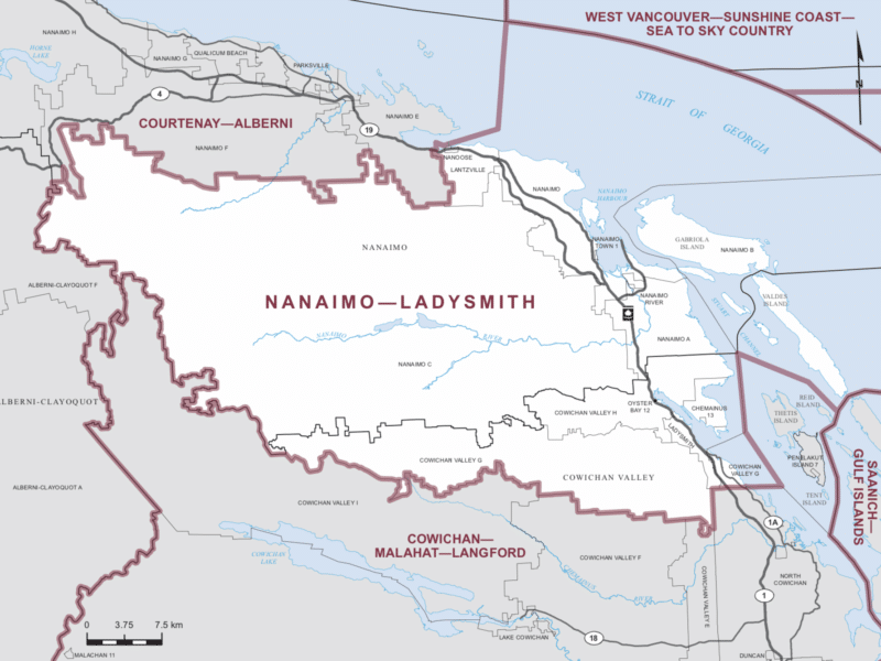 A map shows the Nanaimo-Ladysmith riding borders.