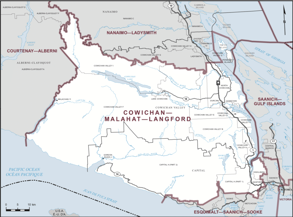 A map displays the boundaries of the Cowichan Malahat Langford riding.