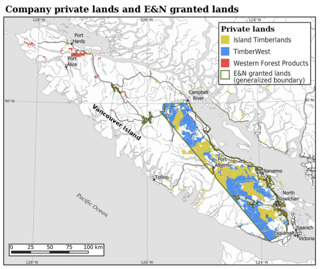 A map of Vancouver Island shows the E&N land grant area in blue and yellow, representing Island Timberlands, shown in yellow, and Timberwest, shown in blue.