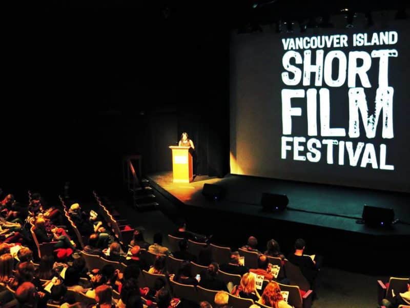 A packed crowd get ready to view VISFF films in Malaspina Theatre in 2020.