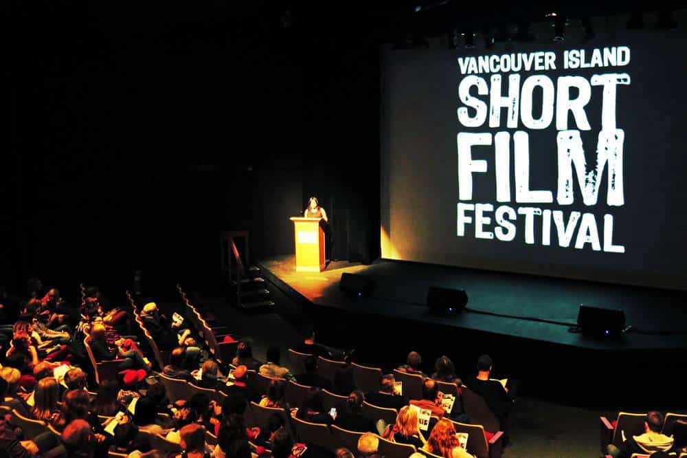 A packed crowd get ready to view VISFF films in Malaspina Theatre in 2020.