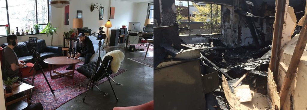 A before and after photo of the damage to the Hired Guns studio from the Jean Burns building fire of 2016.
