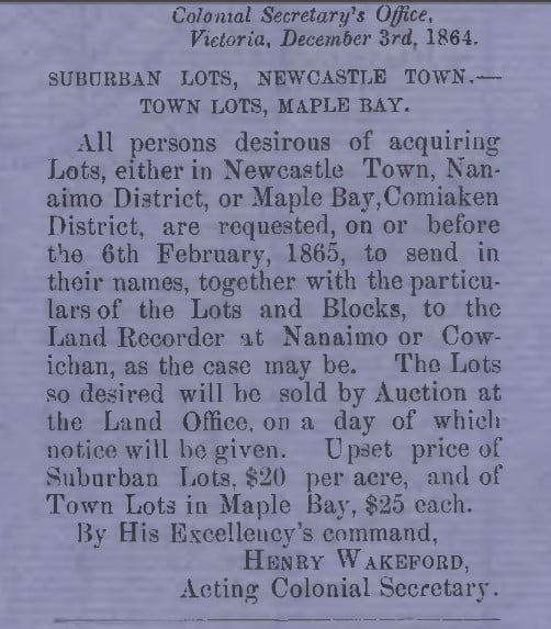 An excerpt about suburban lots in the Cowichan Valley and area from the Government Gazette for Vancouver Island, Volume 1, Number 35, 1864.