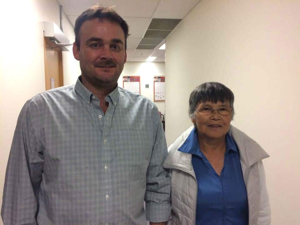 Richard Wright (left) and Yvonne Lattie (right) are closely watching the Gitwilgyoots court battle play out. They are from two traditional house groups of the Gitxsan Nation that've launched a similar court challenge against Pacific Northwest LNG. Photo by Trevor Jang 