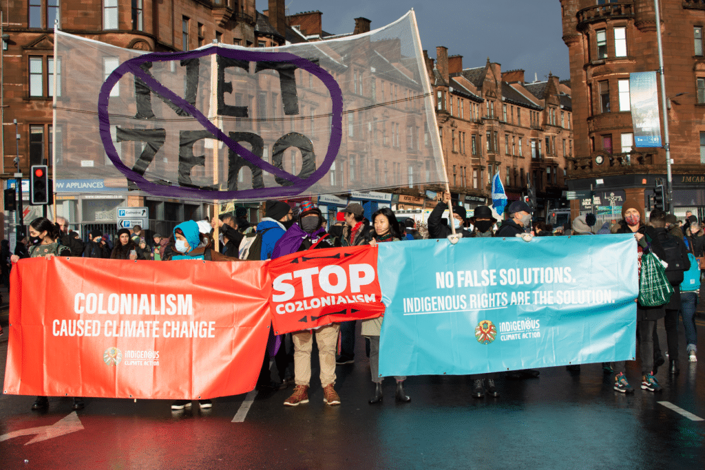 Indigenous peoples resist false solutions at the Global Day of Action for Climate Justice in Glasgow.