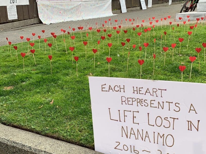 Flowers memorialize lives lost to drug overdose on green grass,