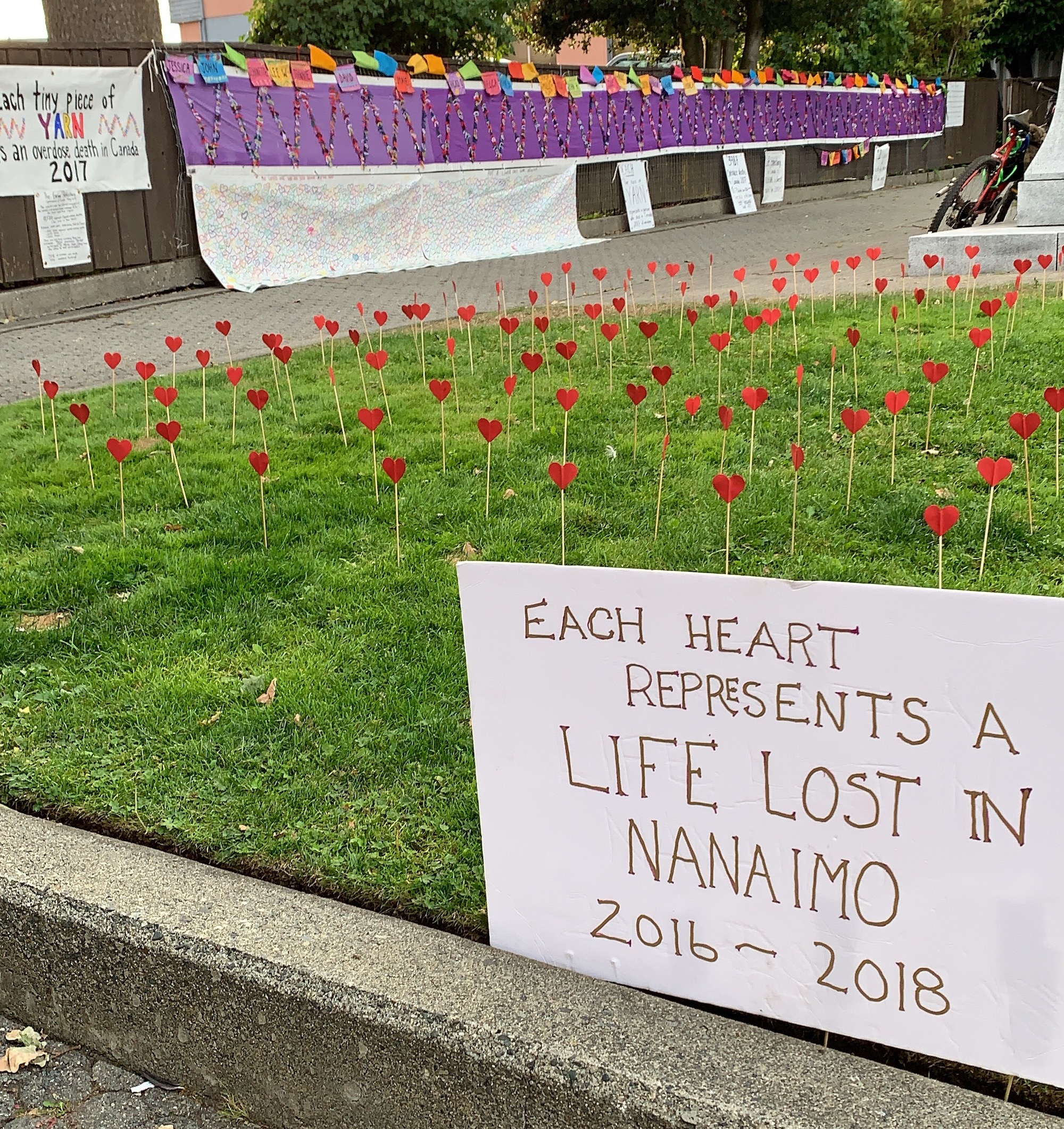 Flowers memorialize lives lost to drug overdose on green grass,