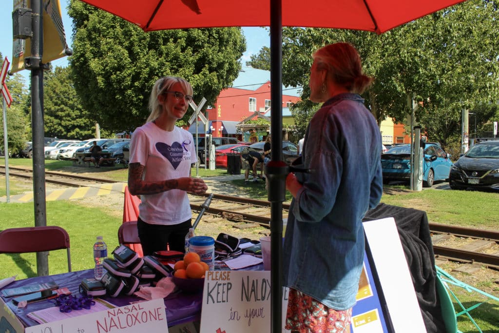 two people stand across a table, under a red umbrella