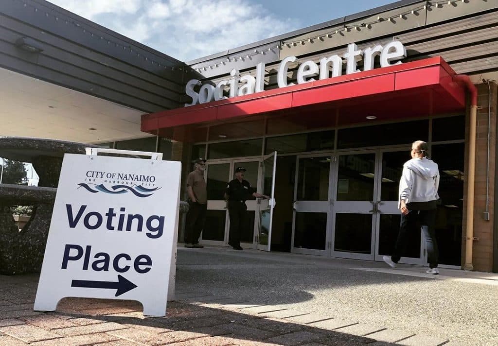 A sign says Voting Place in front of a public building in Nanaimo