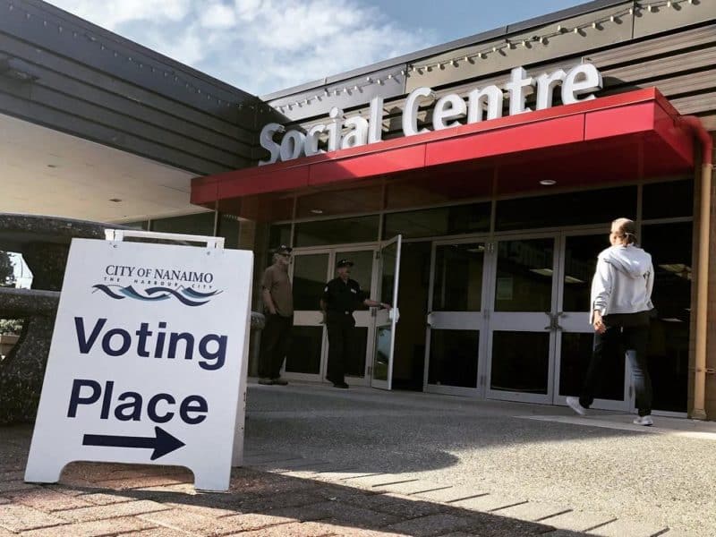 A sign says Voting Place in front of a public building in Nanaimo