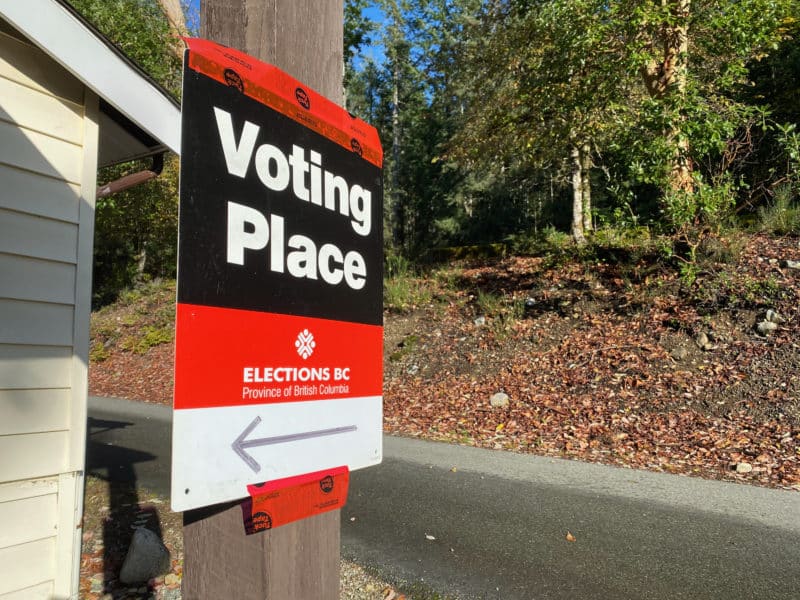 "Voting Place" sign for B.C. election taped to a utility pole