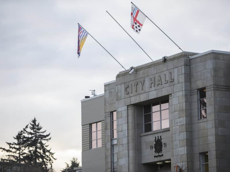 The front of city hall is burned.