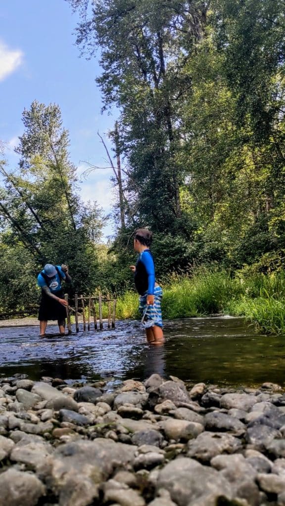 Photo appears to be taken from ground level, on a rocky shore which takes up the bottom quarter of the photo. The middle of the photo is taken up by a river that runs horizontally. Above the river is the other bank, green with trees on it. Standing in the river in the foreground is a young boy wearing blue long sleeves and swim shorts, holding swimming goggles. Behind him to the left is Qwustenuxun, bent over some large sticks poking out of the river that form a weir structure he is building. He is facing the weir and wearing a blue t-shirt and kilt. 