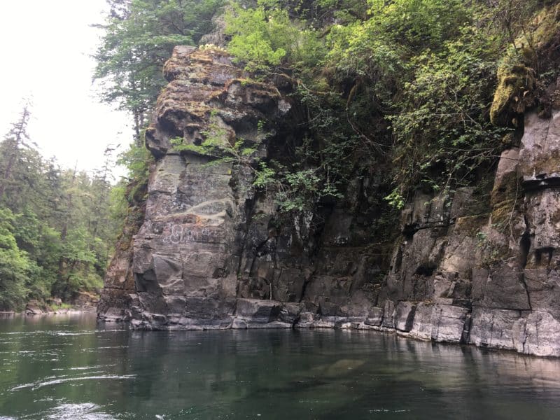 The Cowichan River is int he bottom third of the photo. The rest of the photo is taken up by rocky cliffs that have some small trees and greenery growing on them. The top left corner of the photo is a patch of cloudy sky.
