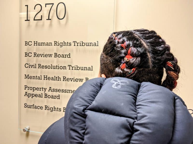 the back of a woman's head with streaks of red through braided black hair