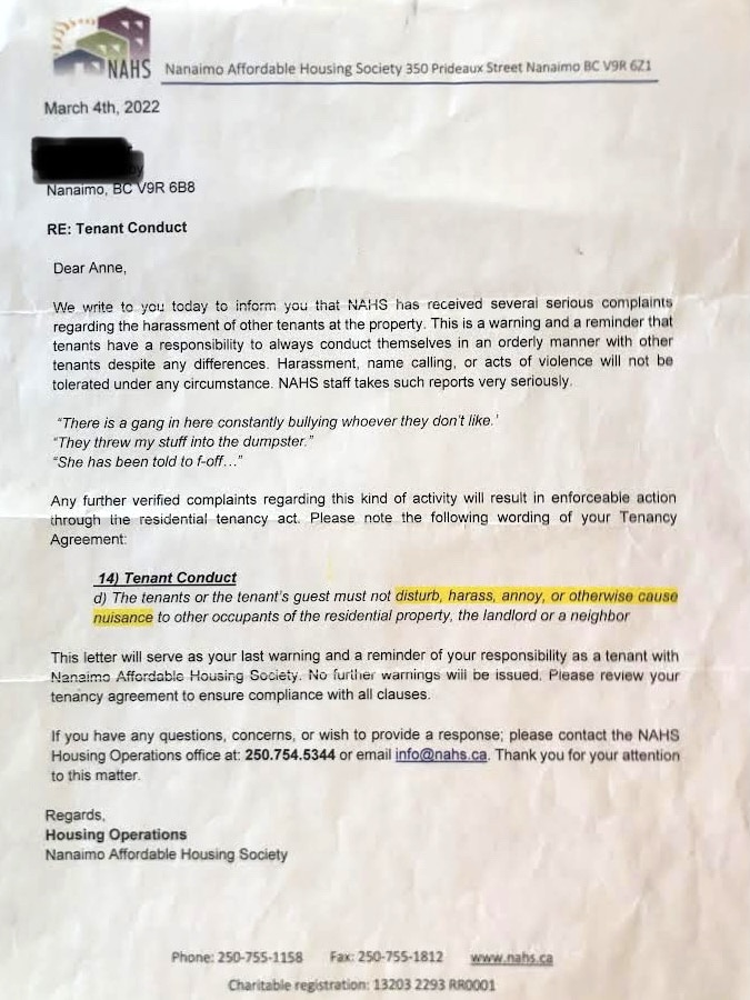 A letter from NAHS housing operations accuses tenant Anne Turner of "harassment of other tenants on the property." It later states "this letter is your last warning."