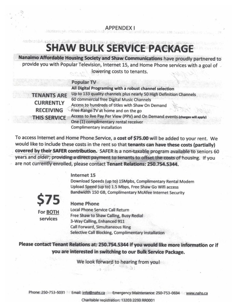 A notice to tenants from NAHS describes a new bulk phone and internet package from Shaw, to be "included in the cost of rent."