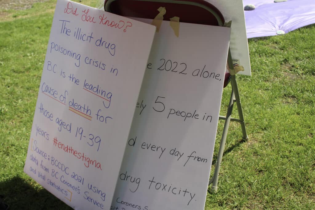 Two large poster-board signs rest against the back of a chair and on the grass. Both signs have writing on them, but the sign on the right is half-behind the sign on the left so the phrasing cannot be made out. The sign on the left reads "Did you know? The illicit drug poisoning crisis in B.C. is the leading cause of death for those aged 19-39 years. #endthestigma [Source: BCCDC 2021 using data from BC Coroner's Service and Vital Statistics]"