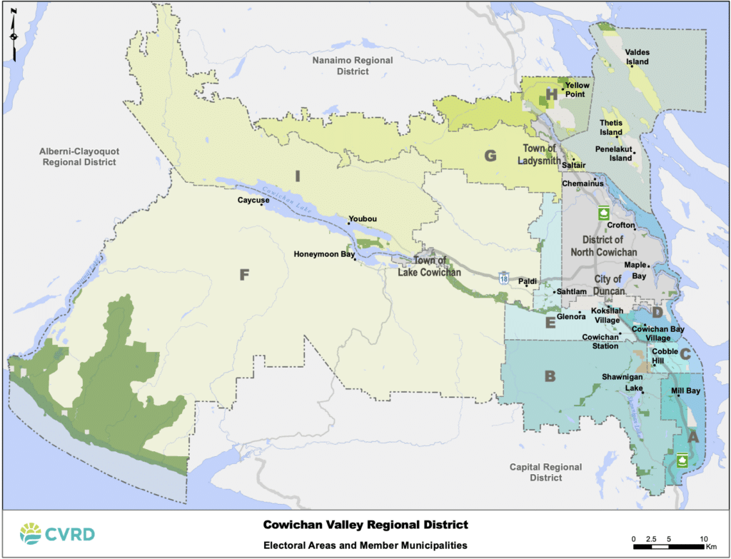 A map of the Cowichan Valley Regional District boundaries.