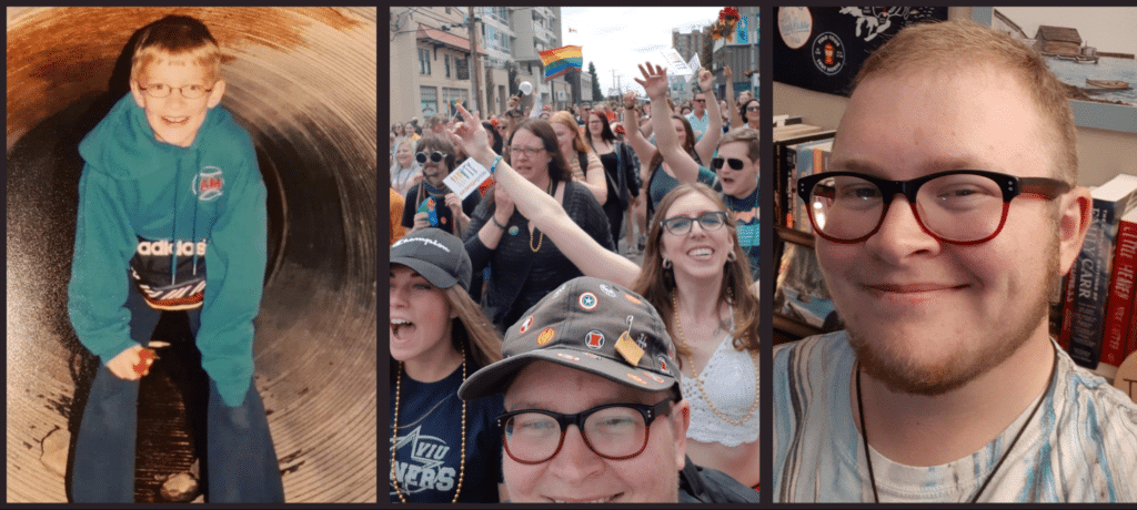 Three photos, L-R, author Lys Morton as a noticeably queer youth, Lys at Nanaimo Pride 2019 celebration, Lys in his author photo