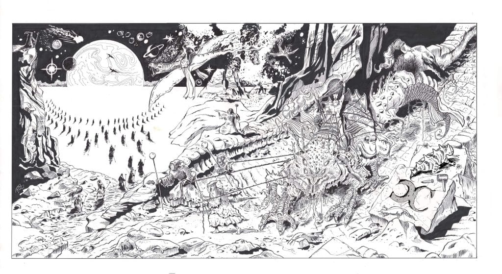 A black and white sketch of an alien world and the beasts marching across a wasteland, featured as Colliding Canyons' album artwork.