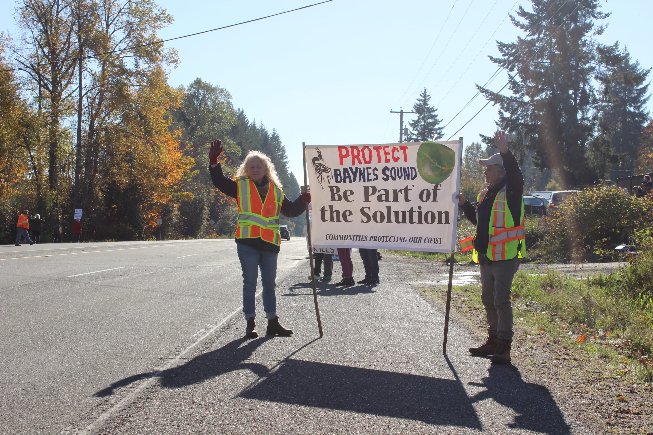 Activists on a highway old a sign that says "Protect Baynes Sound. Be part of the solution"